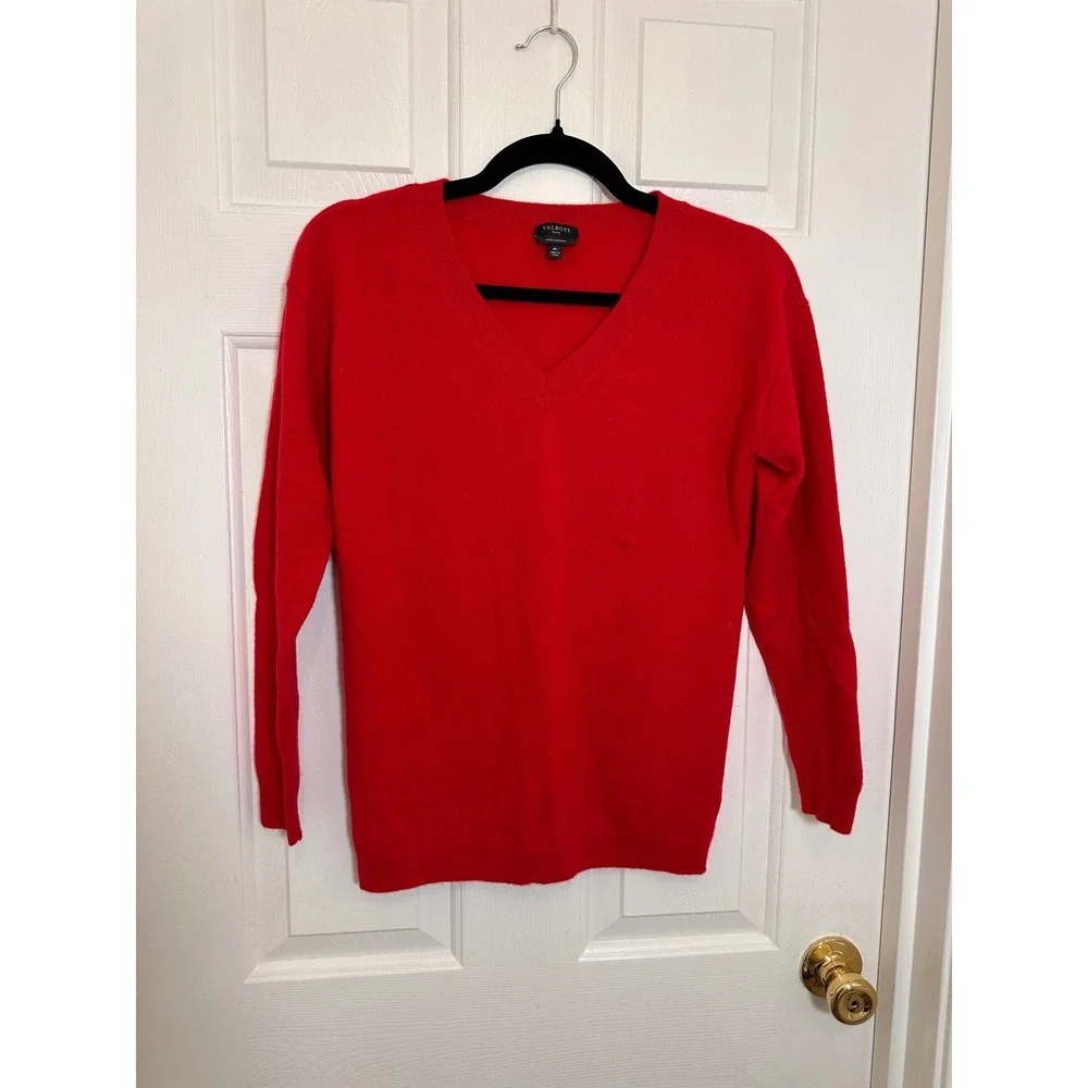 Talbots Petite Red Pure Cashmere V-Neck Long Sleeve Sweater MP Medium Petite - Picture 1 of 3